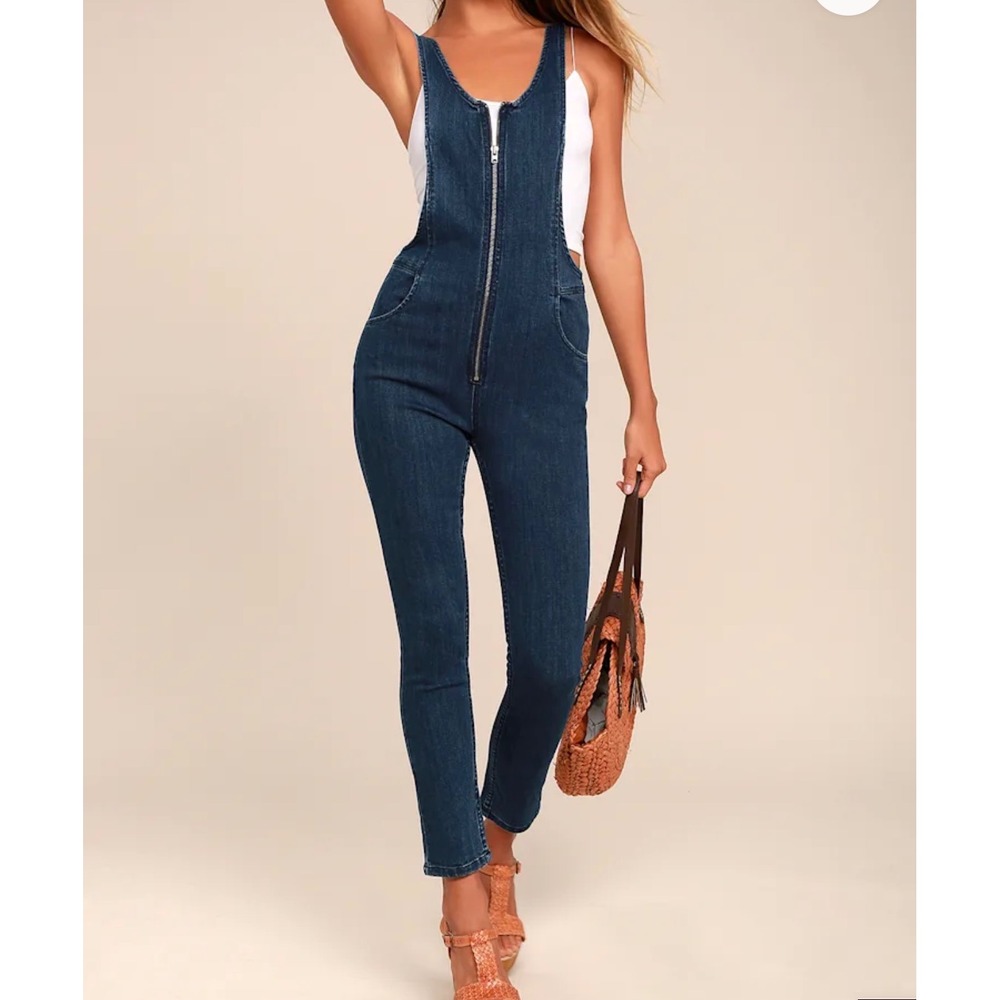 Free People Jax Blue Denim Jumpsuit overalls‎ size 4 Zip Up Fitted